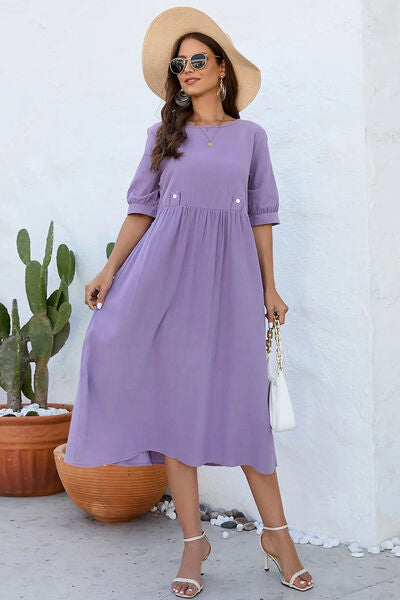 Decorative Button Round Neck Half Sleeve Dress Lavender