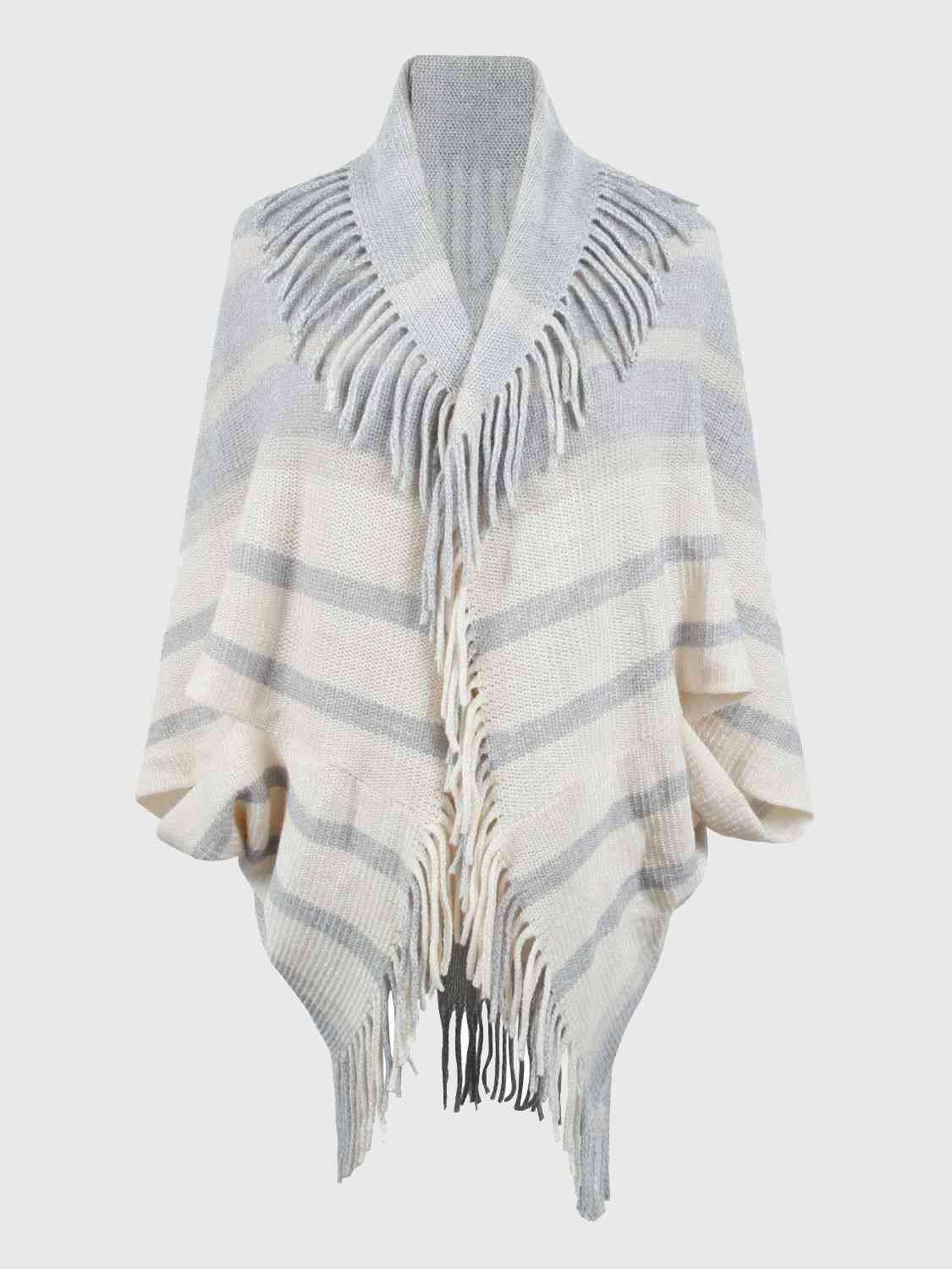 Fringe Detail Open Front Poncho Ivory One Size