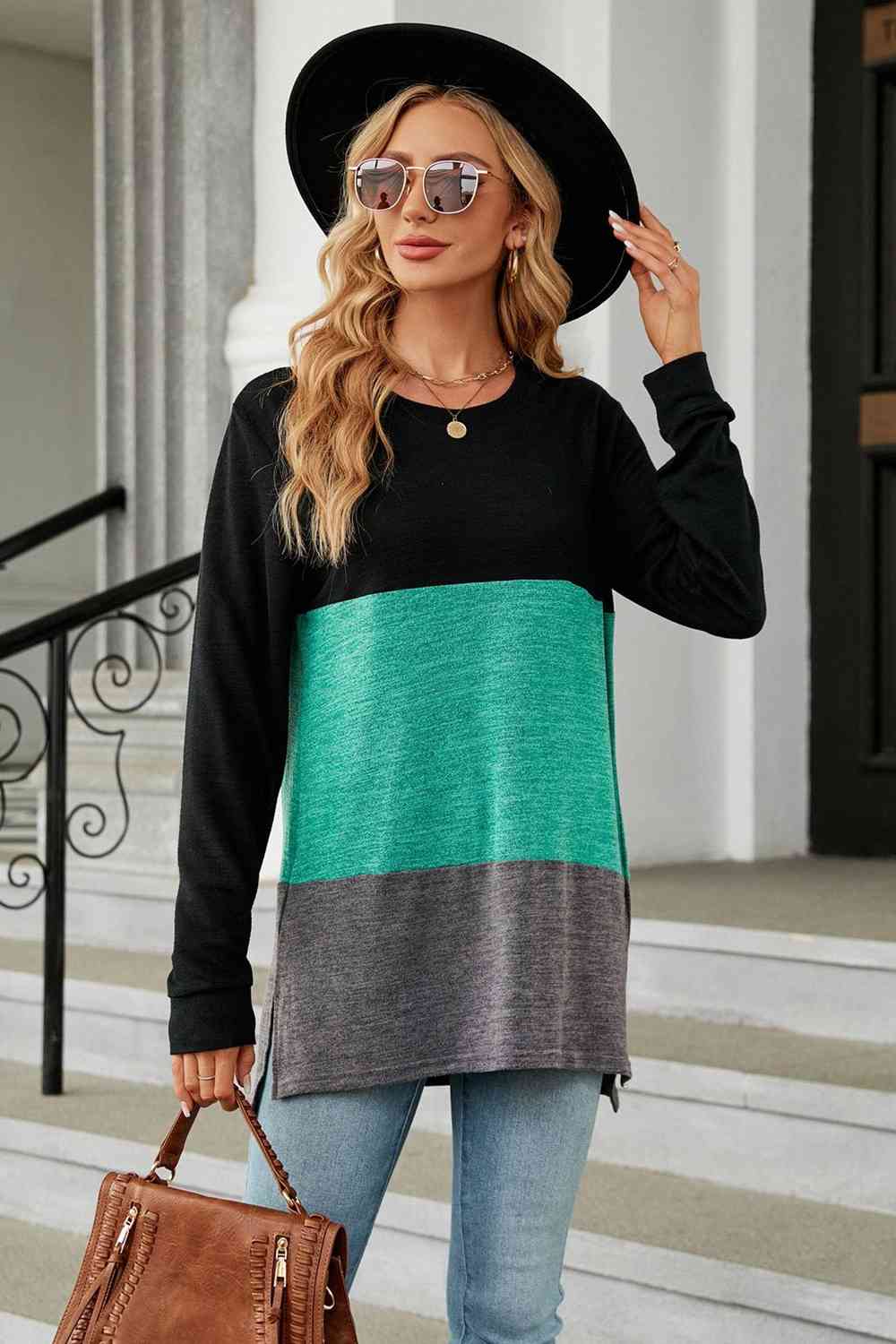 Color Block Round Neck Long Sleeve Slit T-Shirt Teal