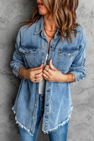 Button Up Pocketed Raw Hem Denim Jacket French Blue