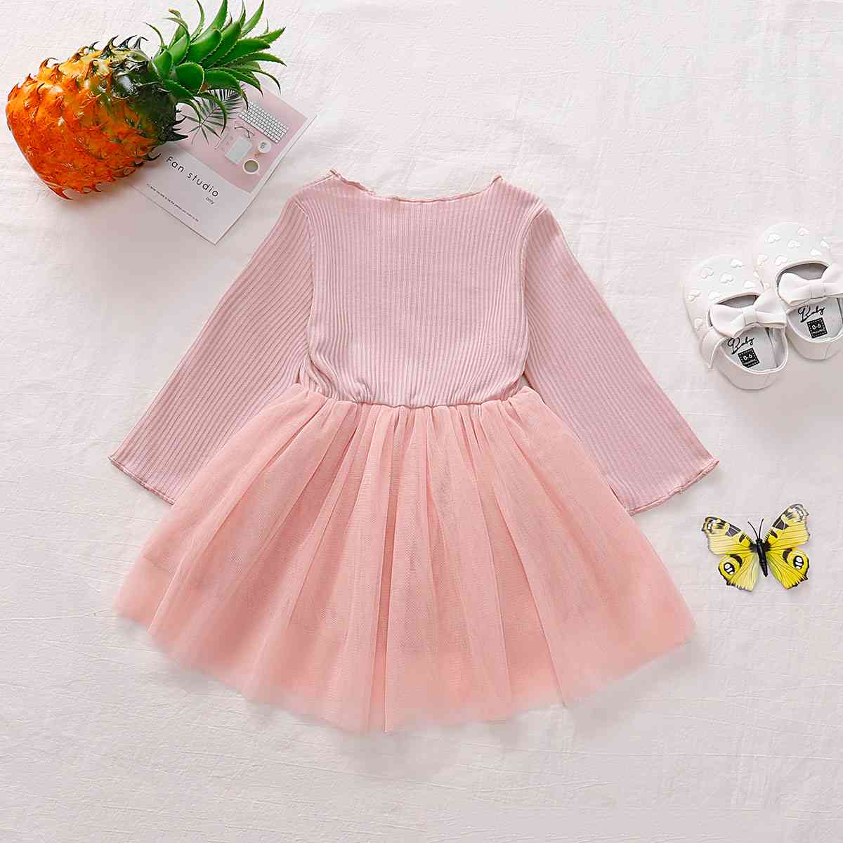 Girls Round Neck Ribbed Tulle Dress