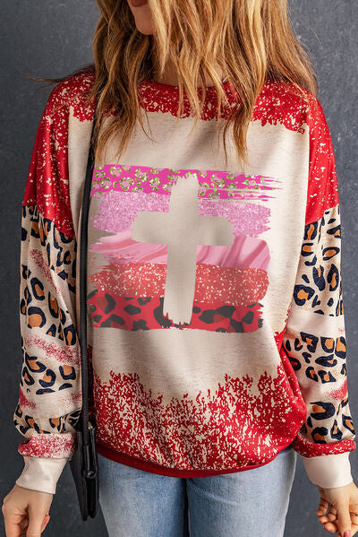 Leopard Round Neck Dropped Shoulder Sweatshirt Deep Red