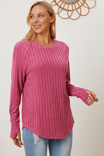 Basic Bae Full Size Ribbed Thumbhole Sleeve T-Shirt Hot Pink