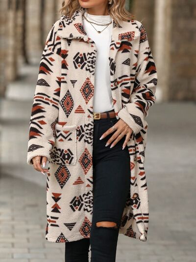 Geometric Pocketed Dropped Shoulder Coat Sand