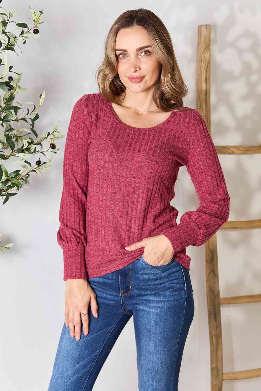 Double Take Ribbed Round Neck Lantern Sleeve Blouse Wine