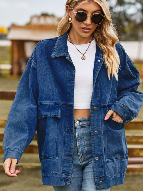 Collared Neck Button Up Denim Jacket Dark