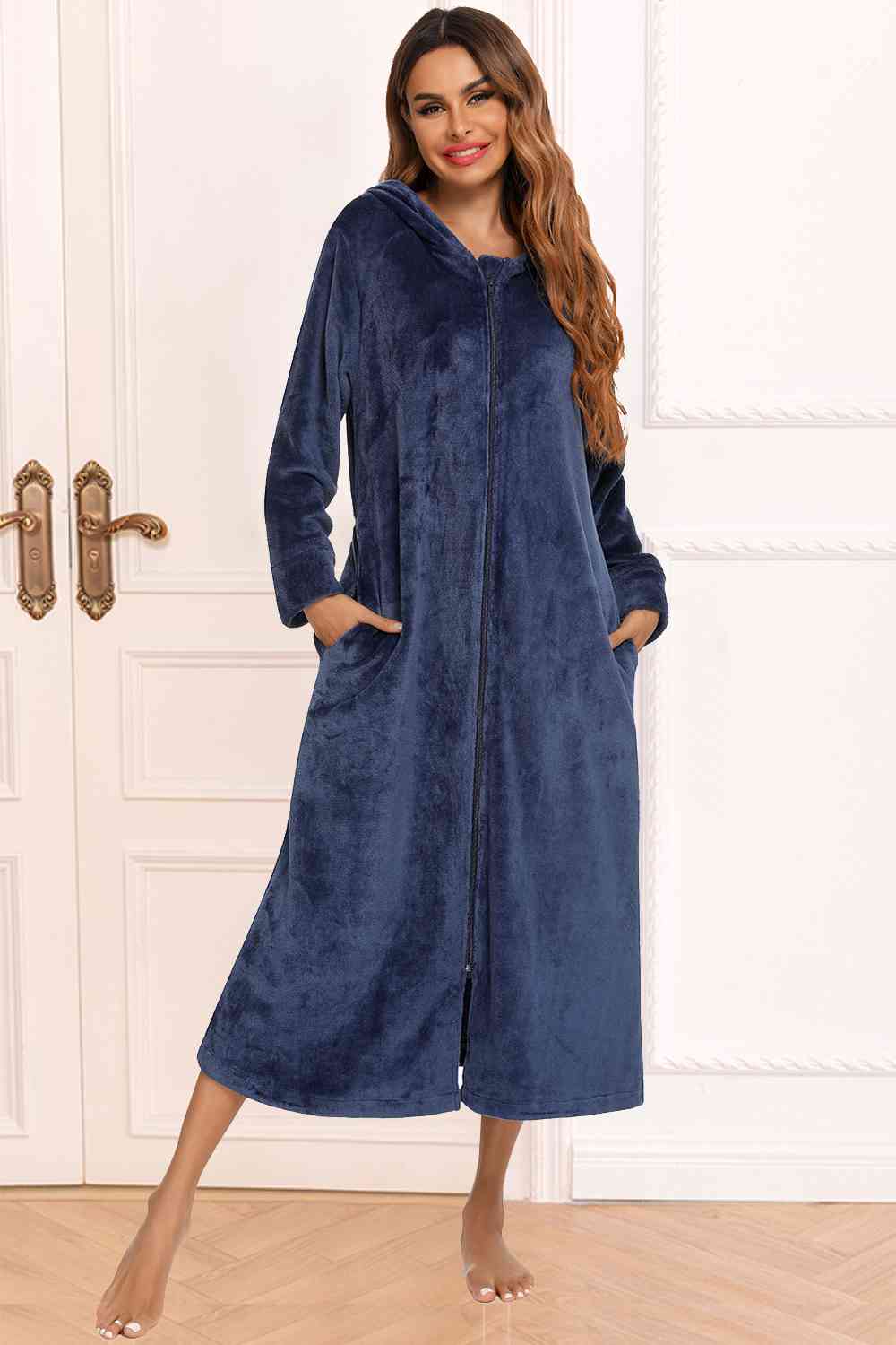 Zip Front Hooded Night Dress with Pockets Navy