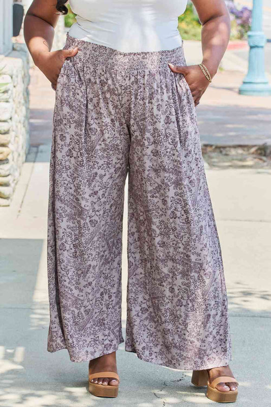 GeeGee In The Works Plus Size Printed Wide Leg Pants Bean Grey