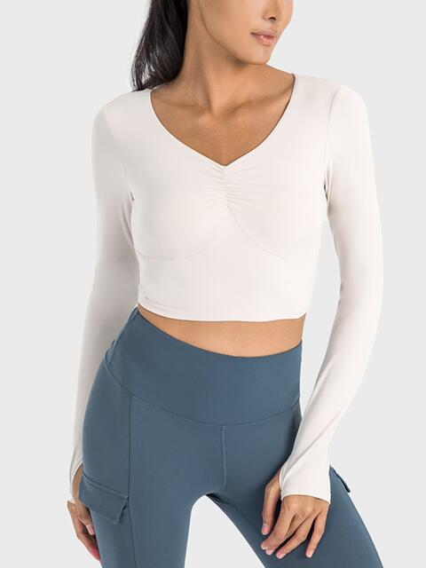 Ruched Cropped Long Sleeve Sports Top White