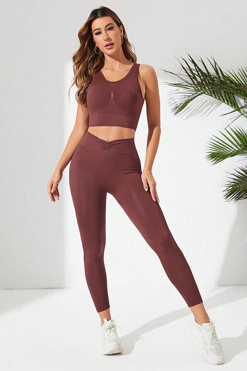 Ribbed Tank and Active Leggings Set Chestnut