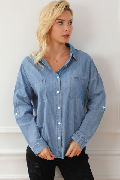 Pocketed Button Up Collared Neck Denim Top Misty Blue