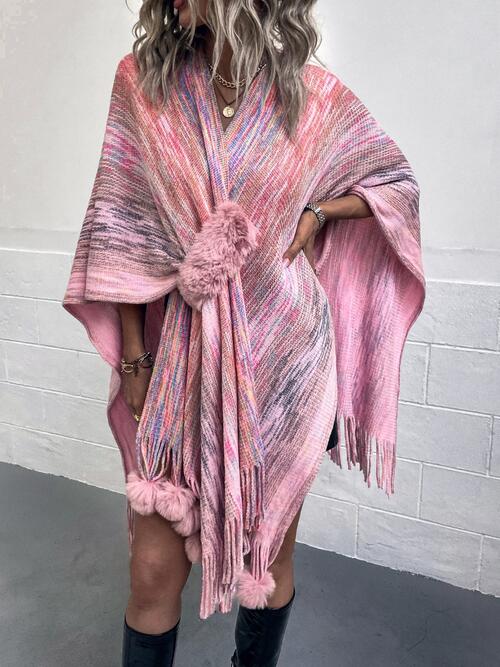 Heathered Fringe Hem Poncho Carnation Pink One Size