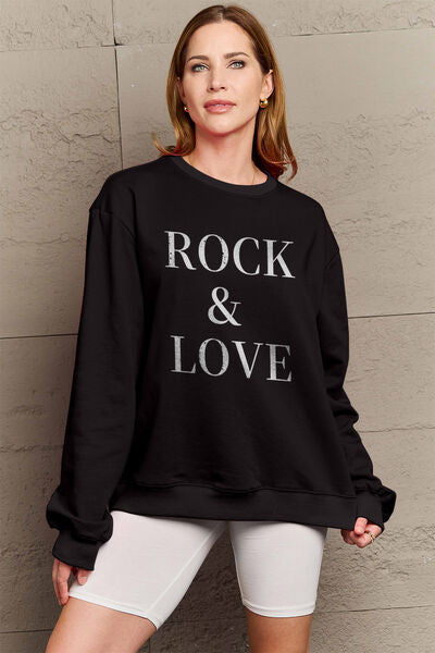 Simply Love Full Size ROCK ＆ LOVE Round Neck Sweatshirt Black