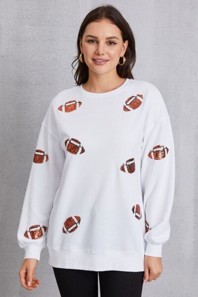 Football Sequin Patch Long Sleeve Sweatshirt White