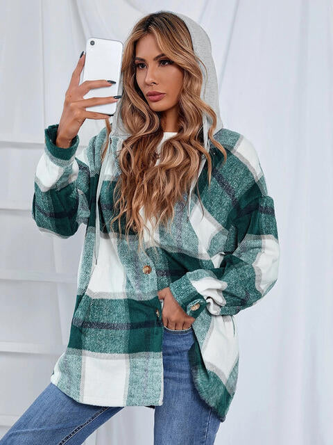 Plaid Hooded Jacket with Pockets Green