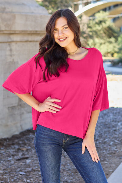 Basic Bae Full Size Round Neck Drop Shoulder T-Shirt Deep Rose