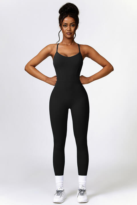 Open Back Spaghetti Strap Sports Jumpsuit Black