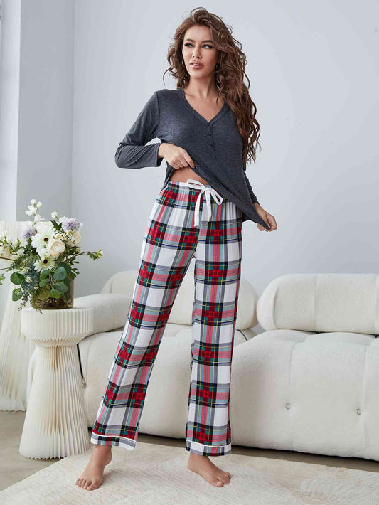 Buttoned Long Sleeve Top and Plaid Pants Lounge Set Grey