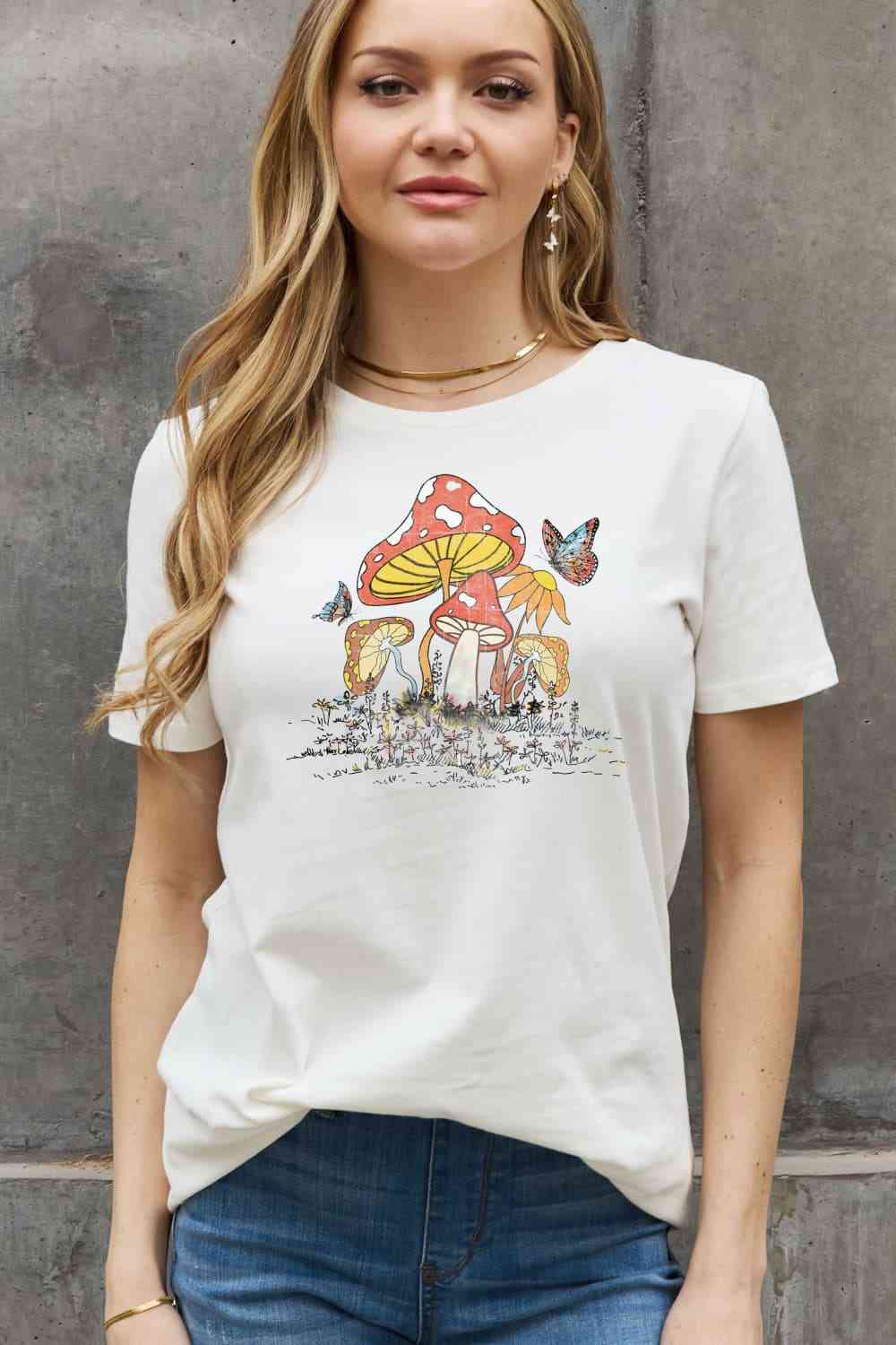 Simply Love Full Size Mushroom & Butterfly Graphic Cotton T-Shirt Bleach