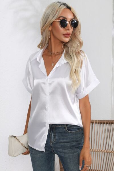 Collared Neck Short Sleeve Shirt White