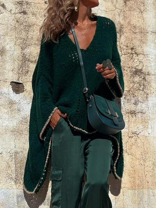 Contrast V-Neck Long Sleeve Sweater Green