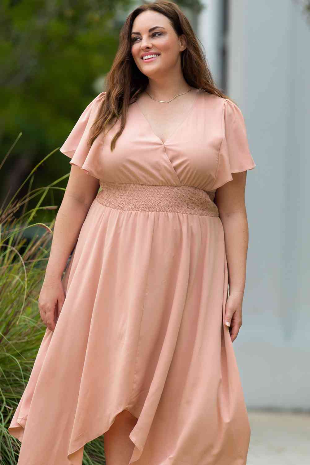 Plus Size Wide Waistband Surplice Neck Flutter Sleeve Midi Dress