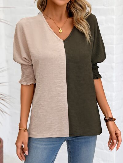 Contrast V-Neck Lantern Sleeve Blouse Army Green