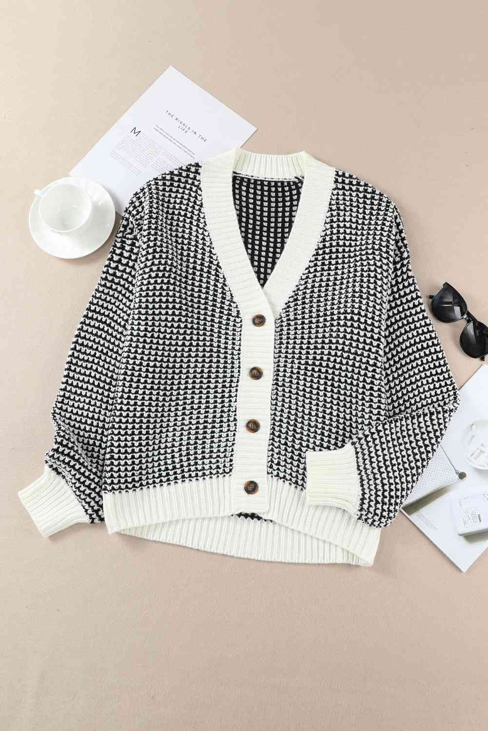 Woven Right Waffle-Knit Drop Shoulder Button-Down Cardigan White/Black