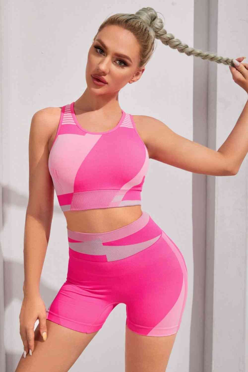 Color Block Sports Bra and Shorts Set Hot Pink