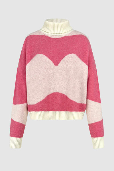 Color Block Turtleneck Dropped Shoulder Sweater Fuchsia Pink