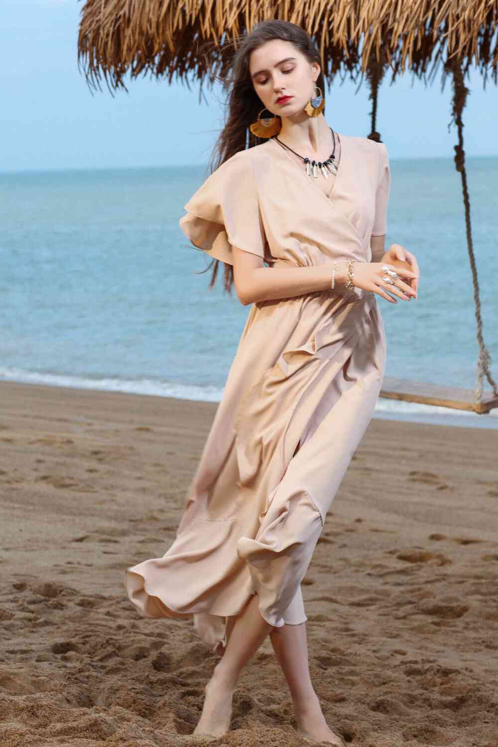 Ruffled Flutter Sleeve Tied Surplice Dress Sand