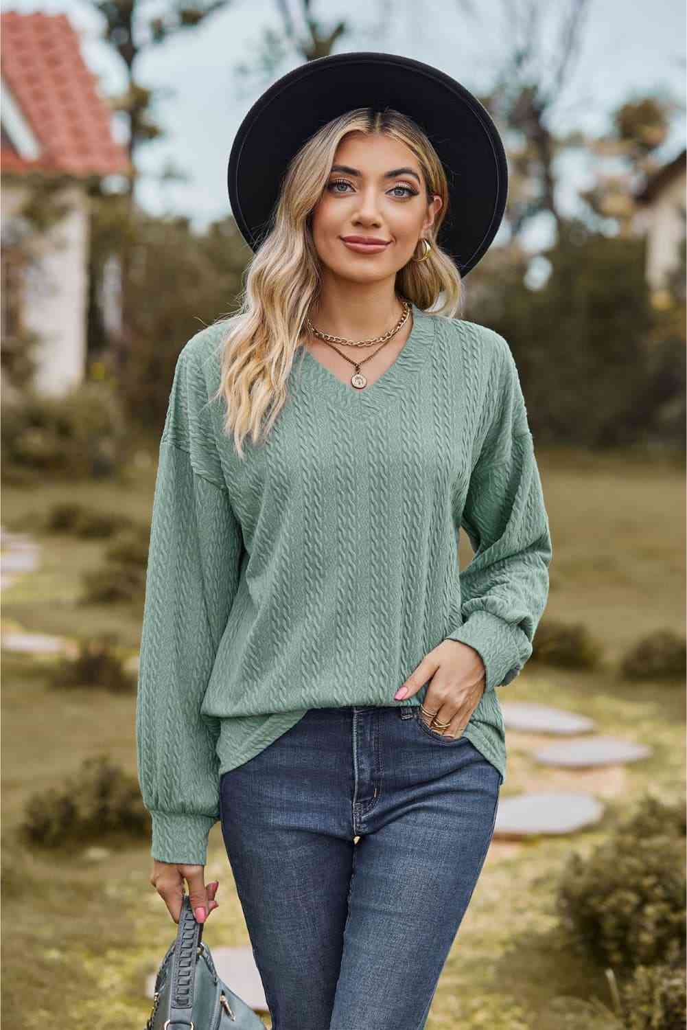 V-Neck Dropped Shoulder Blouse Sage