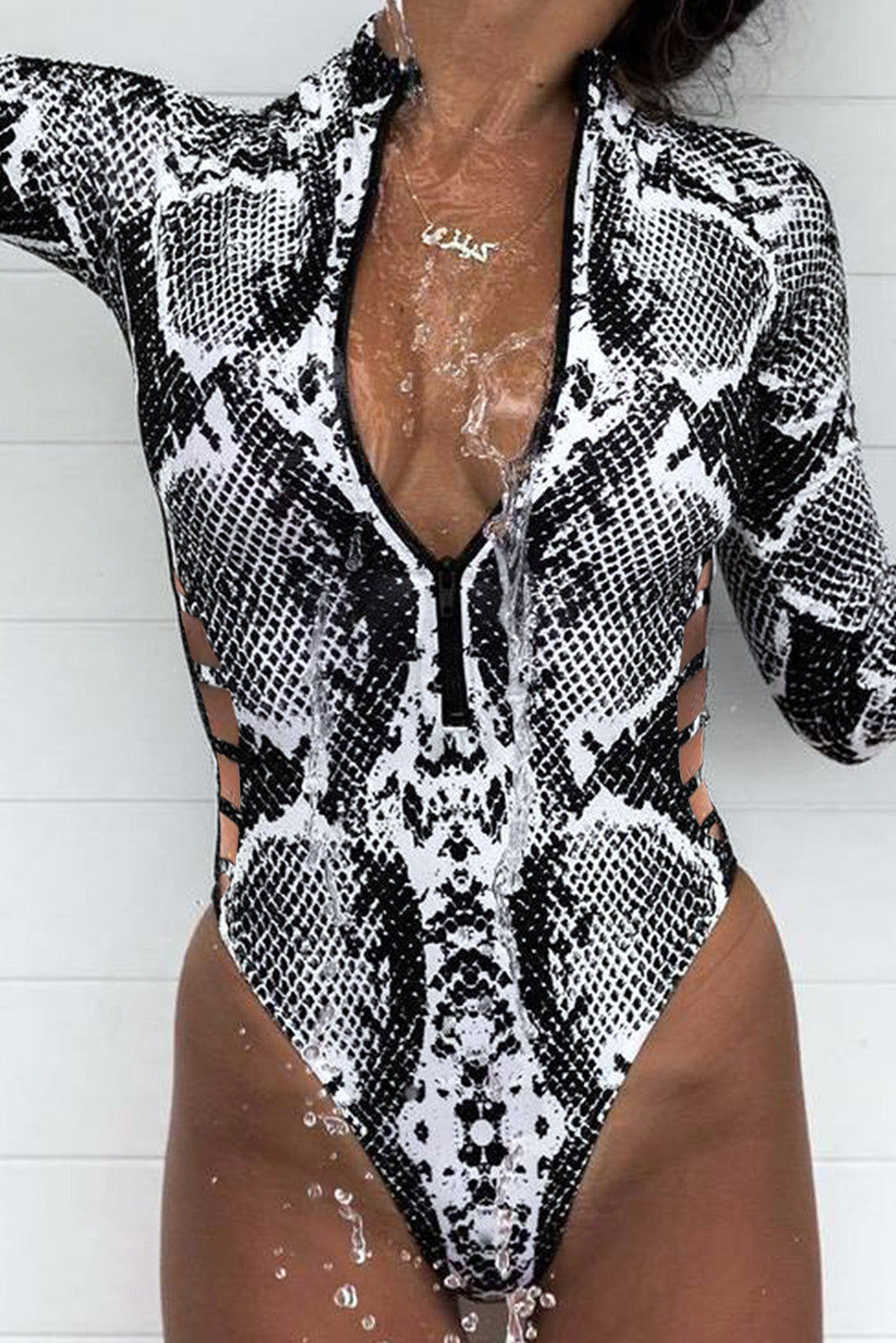 Animal Print Zipper Cut-Out Wetsuit