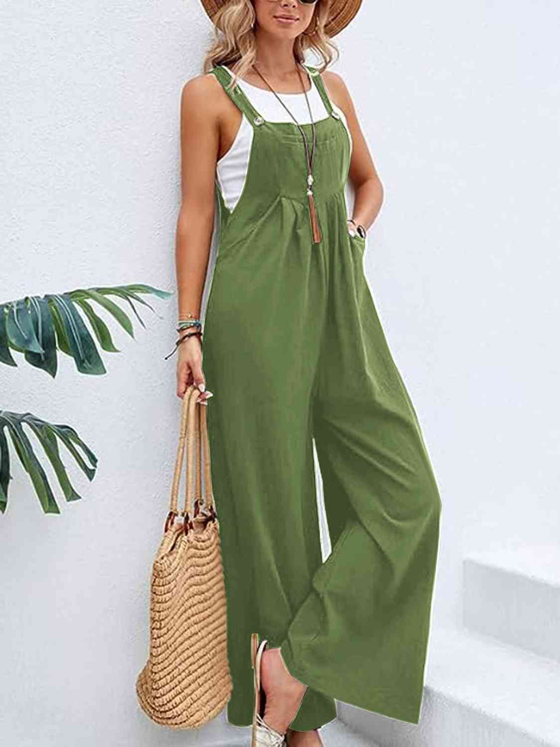 Full Size Wide Leg Overalls with Pockets Mid Green