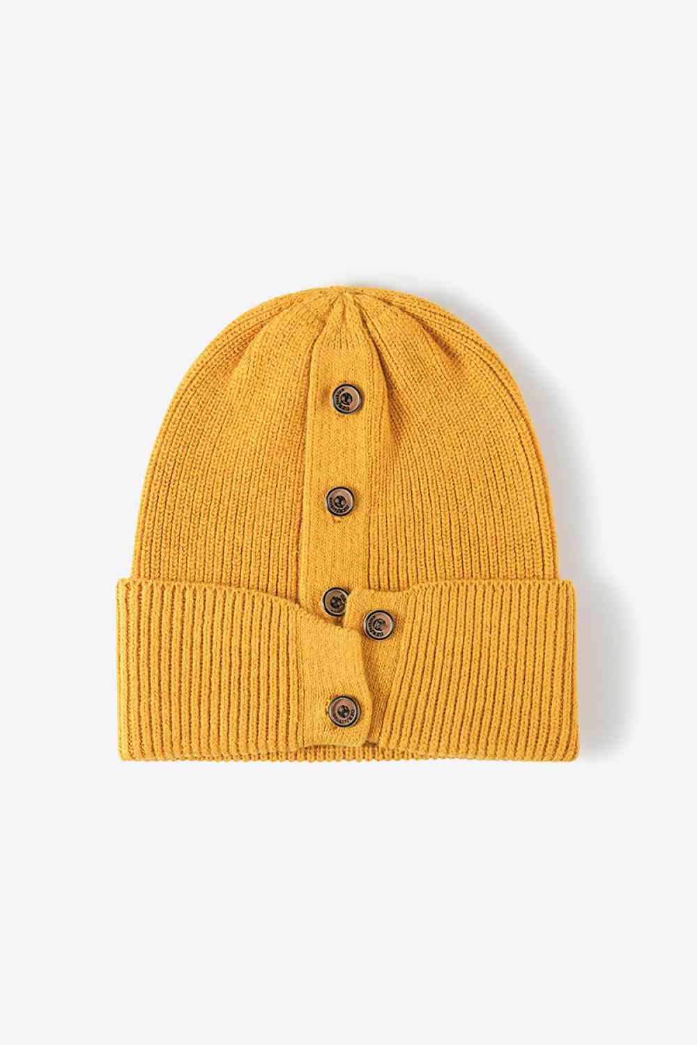 Button Detail Rib-Knit Cuff Beanie Mustard One Size