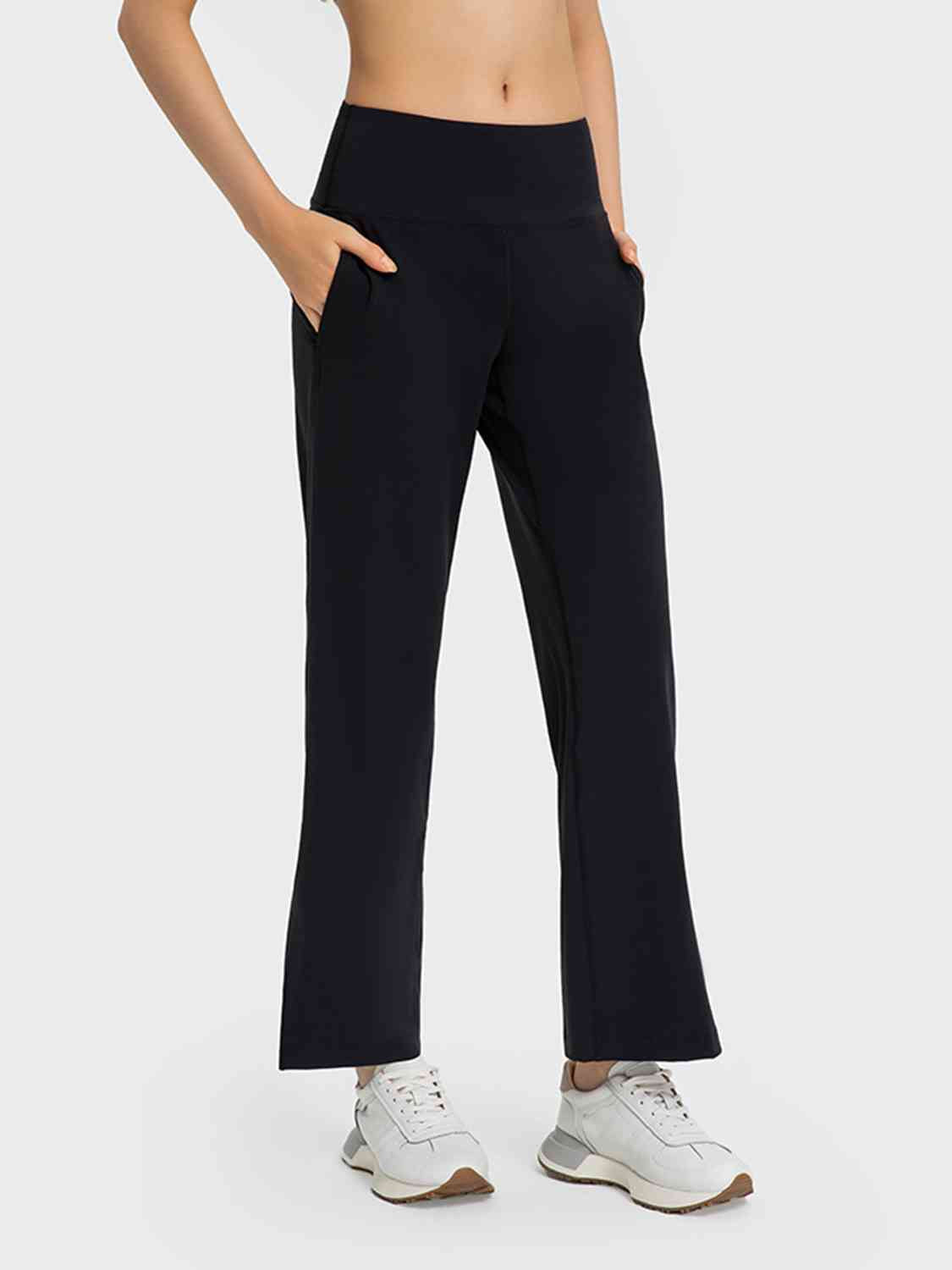 Wide Leg Slit Sport Pants with Pockets Black