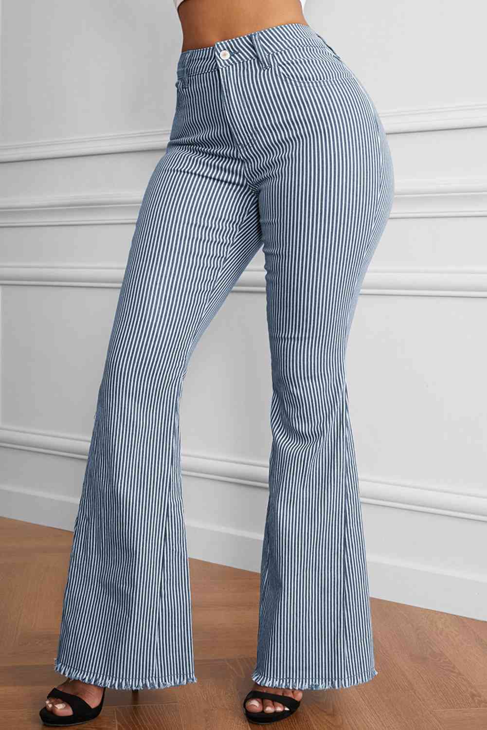 Striped Fringe Detail Flare Pants Misty Blue