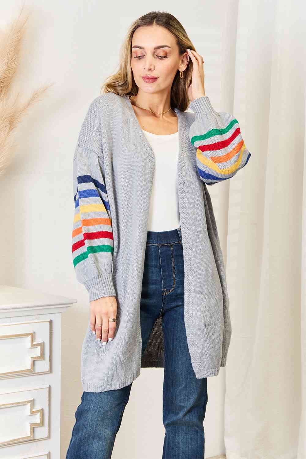 Double Take Multicolored Stripe Open Front Longline Cardigan Light Gray