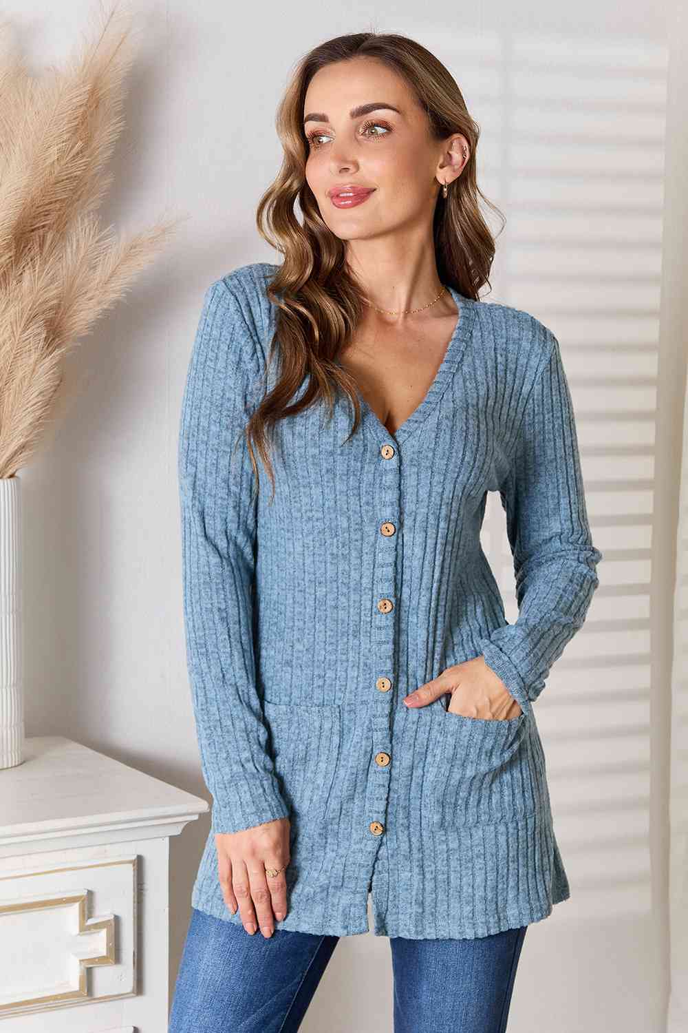 Double Take Ribbed Button-Up Cardigan with Pockets Pastel Blue
