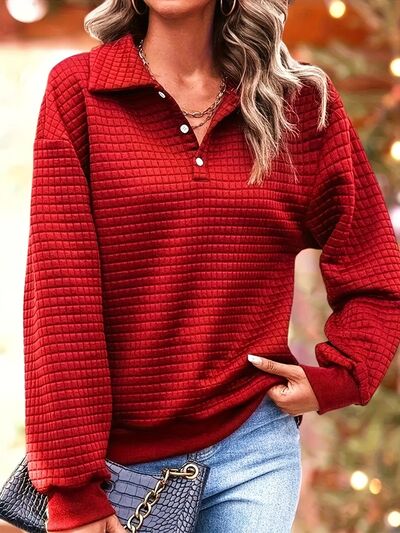 Waffle-Knit Collared Neck Long Sleeve Sweatshirt