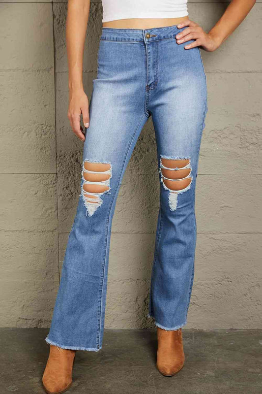 Baeful Distressed Raw Hem High-Waist Flare Jeans Light