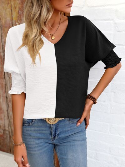 Contrast V-Neck Lantern Sleeve Blouse