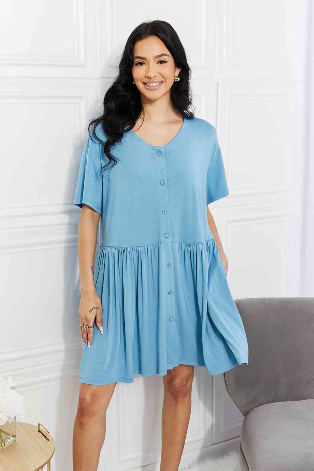 Yelete Full Size Oh Sweet Spring Button Up Flare Dress Sky Blue