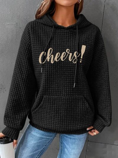 Full Size CHEERS Waffle-Knit Drawstring Hoodie Black