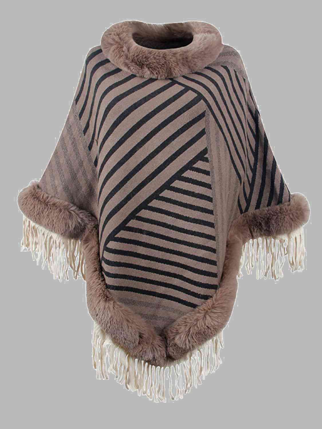 Striped Fringe Hem Poncho Taupe One Size