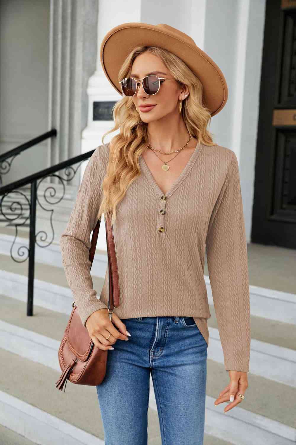 Cable-Knit Long Sleeve V-Neck T-Shirt Camel