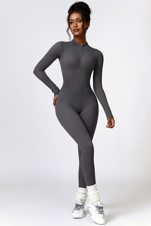 Half Zip Long Sleeve Active Jumpsuit Charcoal