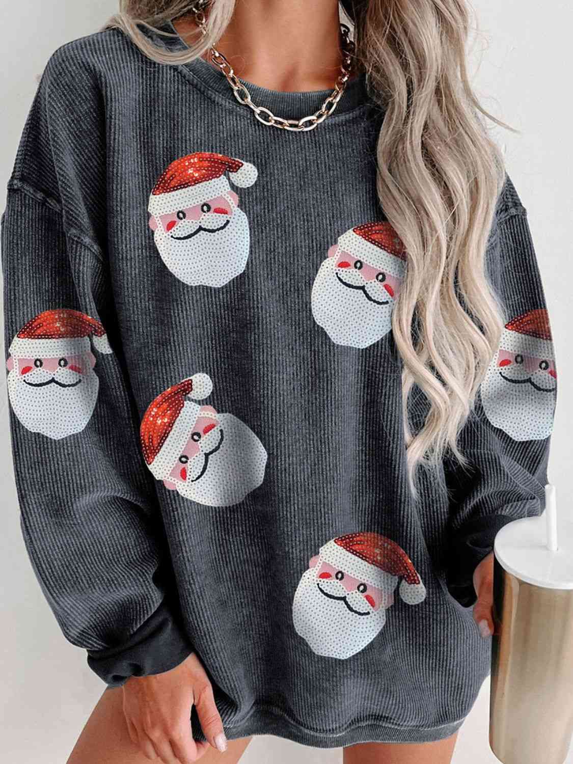 Sequin Santa Patch Ribbed Sweatshirt Charcoal