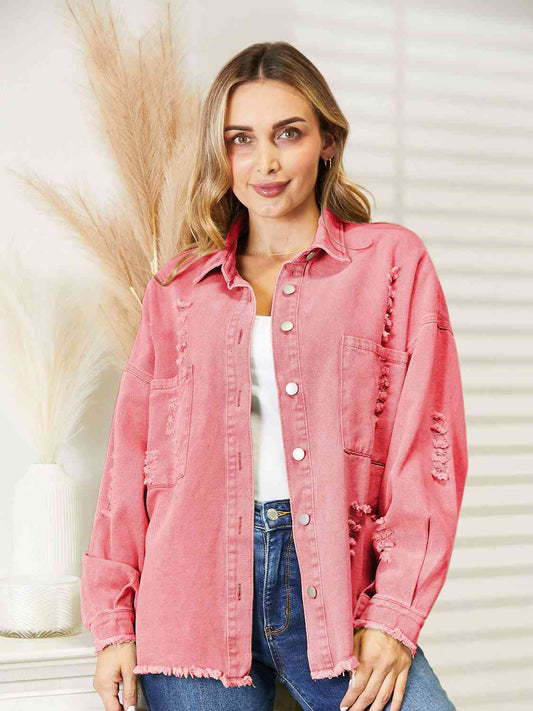 Distressed Raw Hem Denim Jacket Blush Pink