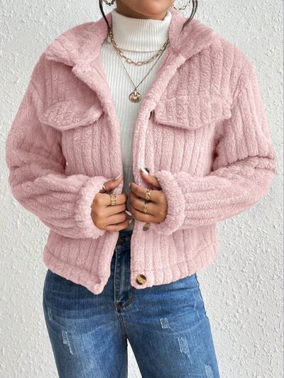 Fuzzy Button Up Collared Neck Jacket Blush Pink